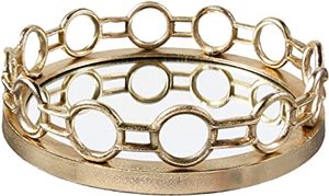 Plateau miroir doré de luxe, rond, en métal, décoratif, pour cosmétiques, plateau de rangement pour bijoux en verre orné, plateau de service pour la décoration de la maison - Product Image 4
