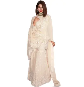 现成的印度亮片刺绣Sharara Gharara Kurti套装，乔其纱面料，巴基斯坦设计师民族服装3件套