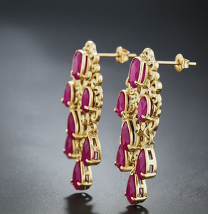 Boucles d'oreilles en pierre précieuse rubis |   Rubis de forme ovale 8x10 et de forme poire 7x10 |   Bijoux de créateur en argent sterling 925 plaqué or 18 carats |   Cadeau pour elle - Product Image 2