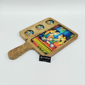 Plateau en bois élégant avec illustration en émail et 3 bols à chutney par tradebyd - Product Image 3