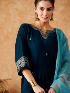 Trendmalls Ensemble de costume Salwar brodé en velours ethnique pour femme G317-Mopreach avec pantalon Kurta Dupatta Vêtements indiens et pakistanais - Product Image 4