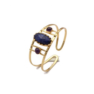 Brazalete de lapislázuli, joyería, chapado en oro brazalete azul ovalado, pulsera minimalista de piedras preciosas de amatista púrpura, regalo de joyería - Product Image 1