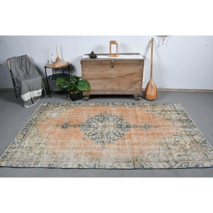 Alfombra Turca Vintage, Diseño Clásico de Parches Naranja y Azul, 4.8 x 7.9 pies, Tejido Plano de Lana y Yute, Ecológica, Estilo Boho, para Comedor - Product Image 1