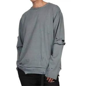 เสื้อยืดแขนยาวผู้ชายทรงหลวมสไตล์วินเทจ ล้างสีแบบแอซิด แต่งรอยขาด ดีไซน์สองชั้น น้ำหนักมาก - Product Image 5