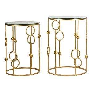 Ensemble de 2 tables basses rondes à base métallique avec accents en marbre, empilables, pour salon, chambre à coucher - Product Image 2