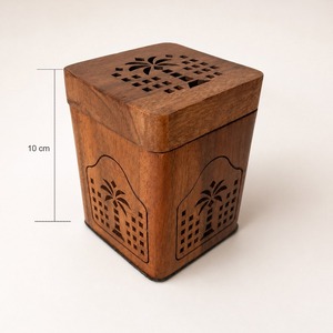 Brûleur d'encens Bakhoor artisanal naturel, boîte décorative carrée en bois sculpté avec motif palmier, thème religieux, pour la maison - Product Image 5