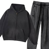 Ensemble de survêtement vintage noir et gris délavé à l'acide pour homme – Veste polaire zippée et pantalon de jogging – Style streetwear hiver 100 % coton