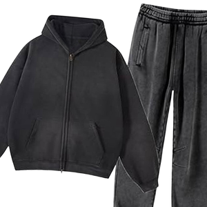 Conjunto Deportivo de Sudadera con Capucha y Cremallera en Gris Oscuro Lavado al Ácido para Hombre, Chaqueta de Forro Polar Vintage, Pantalones Jogger, Estilo Urbano Holgado, Atuendo de Invierno - Product Image 3