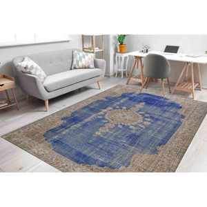 Alfombra Turca Azul Marino: Alfombra Oushak de Estilo Vintage, Alfombra Estampada, Alfombra de Chenilla - Product Image 1