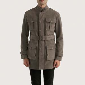GLOBAL <b>LEATHER</b> Grey Men's Reversible Cowhide <b>Suede</b> Quilted Mandarin Collar <b>Jacket</b> High Embroidered Workwear Vintage Luxury - Product Image 3