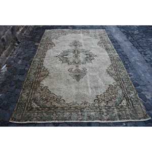 Tapis turc vintage grande surface 5.4x8.2 pieds Beige vert laine Latex support Patchwork pour adolescents Tabriz Rectangle couloir - Product Image 1