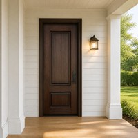 Porte d'entrée en bois classique à deux panneaux en noyer foncé avec œil-de-chat, porte en bois traditionnelle américaine pour entrée principale de villa