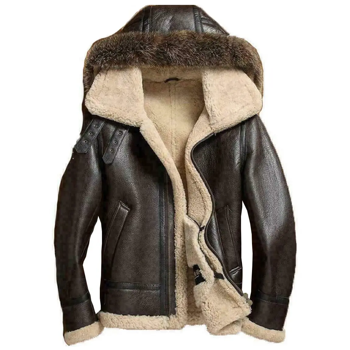 Men Real leather sheepskin raccoon fox fur detachable hood winter flying bomber aviator leather jacket for men