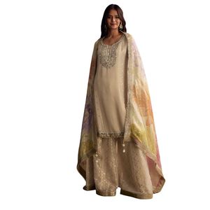 Ivory Tissue Palazzo <b>Suit</b> With Mirror And Moti Embroidery And Dupatta Wholesale <b>Women</b> Ethnic Apparel OEM Factory Custom Fashion - Product Image 1