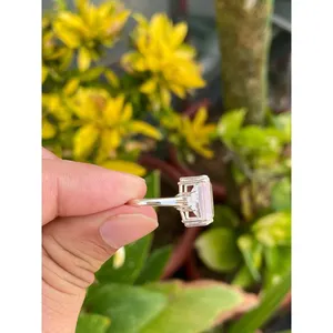 925 <b>Silver</b> Gemstone <b>Ring</b> with <b>Emerald</b> Cut Rose Quartz Statement Pear Shape Fine Jewelry for Engagement - Product Image 3