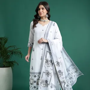 Topkwaliteit Dames Klaar Om Te Dragen Witte Kleur Self Designer Kurta Palazzo Met Dupatta Zet Etnische Kleding Collectie Dames Bulk