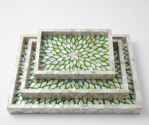 Plateaux décoratifs arabes en nacre - Motif floral mandala vert, faits à la main, en mosaïque de nacre, pour servir et décorer - Product Image 1
