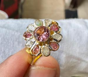 แหวนค็อกเทลวินเทจเงินแท้ 925 ชุบทอง ประดับเพชรทรงกลมและทัวร์มาลีนสีชมพูธรรมชาติ - Product Image 2