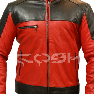 Blouson en cuir véritable rouge et noir pour homme, style motard avec empiècements contrastants, col montant et fermeture éclair de qualité supérieure - Product Image 3