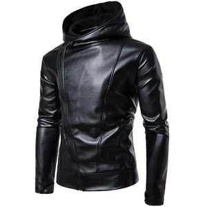 Chaqueta de cuero PU de Color negro de alta calidad para hombre, Color sólido de invierno con capucha, chaqueta de moda personalizada de buena calidad para hombre - Product Image 3