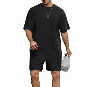 Chándal de verano transpirable de talla grande de 2 piezas para hombre, conjunto informal de camisa y pantalones cortos con hombros caídos, ropa de calle, traje de salón - Product Image 1