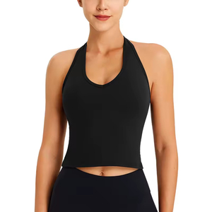 Camiseta sin mangas con logotipo personalizado para mujer, chaleco de entrenamiento acolchado extraíble, Camiseta deportiva para correr, camisetas de Yoga elásticas de nailon ajustadas - Product Image 5