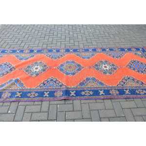 Tapis turc vintage, tapis de 4,3 x 11,3 pieds, tapis en laine patchwork orange et bleu - Product Image 3