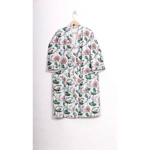 Vintage Cotton Kantha Kimono Robe Handmade Block Print Floral Design V-Neck Drawstring Closure Breathable Eco-Friendly Summer - Product Image 2