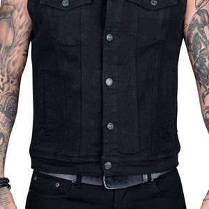 Washed <b>Black</b> Denim <b>Vest</b> Sleeveless Casual Autumn Breathable Outerwear with Horn Button Closure and Pocket Detailing - Product Image 6
