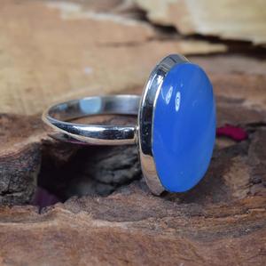 Anillo fino de Plata de Ley 925 con piedra de Calcedonia azul Anillo de boda de promesa hecho a mano con diamante de corte ovalado - Product Image 3