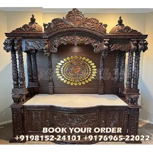 Templo de fusión para el hogar en madera de teca Elefante Pilar Templo de madera de teca para el hogar para la habitación de Pooja Elefante Templo de madera tallada para el hogar - Product Image 1