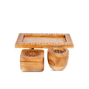 Juego de quemador de incienso Bakhoor de madera artesanal con caja de almacenamiento y bandeja tallada, juego decorativo de soporte para incienso árabe - Product Image 3
