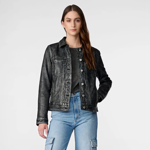 แจ็กเก็ตหนังแกะแท้สำหรับผู้หญิง, กางเกงยีนส์ทูโทนสวมใส่แบบลำลองสไตล์สตรีทแวร์ระบายอากาศได้ดี - Product Image 1