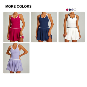 เดรสคอวีเซ็กซี่ทรงเข้ารูปกระโปรงจีบแห้งเร็วกางเกงขาสั้นแยกลายทางสีตัดกันสำหรับชุดเทนนิสพาย - Product Image 3