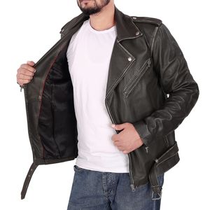 Veste de moto décontractée pour homme en cuir véritable enduit, col montant zippé, en peau de mouton et toile, vente directe d'usine en gros - Product Image 4