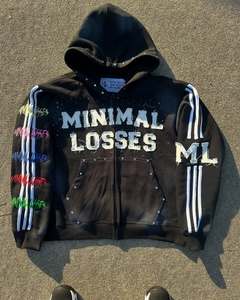 Custom Heavyweight Applique Patch Vintage Stone <b>Washed</b> Distressed <b>Tech</b> Fleece Rhinestone Hoodies for Men - Product Image 1