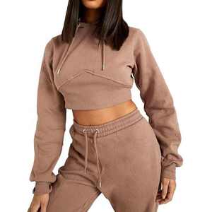 Conjunto de dos piezas para mujer, patrón sólido, Sudadera con capucha para correr, Top corto, de estilo informal pantalones de chándal, conjunto de Top corto con capucha, chándal para mujer - Product Image 1