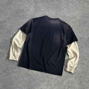 Alta calidad 100% algodón francés Terry liso en blanco Patchwork desgastado Vintage desteñido lavado manga completa camiseta para hombres - Product Image 2