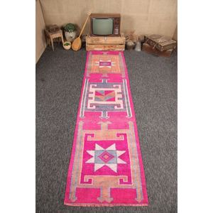 Tapis 3x11,5 pieds, tapis turc vintage, tapis géométrique rose - Product Image 1