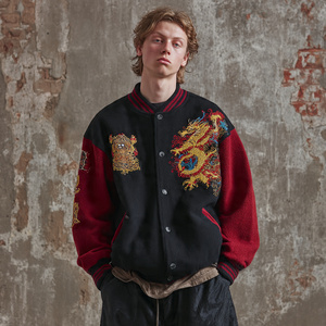 Veste bomber surdimensionnée pour homme, boutonnée, 100% laine, vestes varsity pour homme, streetwear, veste bomber varsity de baseball pour homme - Product Image 1