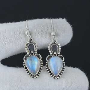 Pendientes de piedra lunar arcoíris de pera hechos a mano, joyería colgante de plata de ley 925, regalo elegante para mujeres, diseño bohemio - Product Image 6