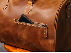 Sac de voyage pliable en cuir véritable écologique, sac de week-end, fermeture à glissière, marron, durable, imperméable, grande capacité - Product Image 4