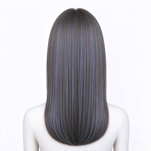 Perruque en cheveux humains lisses, marron avec reflets bleu cendré, coupe droite à la clavicule, avec frange rideau - Product Image 4
