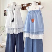 Conjunto Casual para Mujer OEM ODM, Top Vintage sin Mangas con Encaje y Pantalones Anchos de Mezclilla, Lavado Claro, Corte Regular