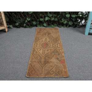 Alfombra Kilim Turca Vintage de 1.1x3.1 pies, Alfombra Pequeña de Lana Sólida Marrón - Product Image 4