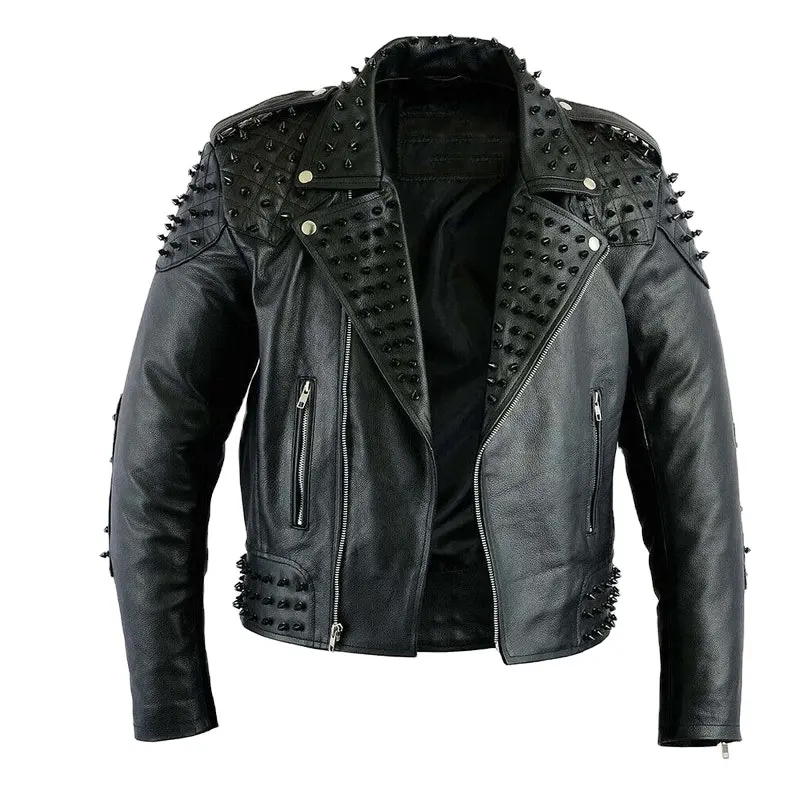 Мужская кожаная куртка с заклепками, черная кожаная куртка в стиле рок-панк, кожаная куртка с заклепками для байкеров и гонщиков