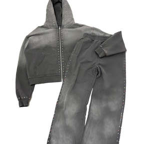 Custom Sweat Stack <b>Pant</b> Track <b>Suits</b> Acid Wash Tracksuits Rhinestone Zip up Hoodie and Flare Sweatpants Sweatsuit Set for Men - Product Image 4