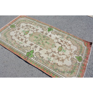 Turkish Vintage Rug, 3.6x6.8 ft Area Rug, <b>Brown</b> Green Moroccan <b>Wool</b> Rug - Product Image 2