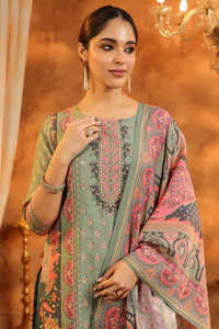 Kurta Imprimé Motifs Ethniques Verts Et Roses Avec Pantalon Solide Et Mousseline Imprimée Dupatta Col Rond Droit Kurta - Product Image 3