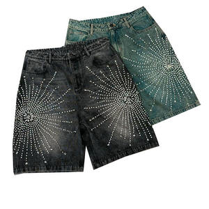 Pantalones Cortos de Mezclilla Personalizados para Hombre, Estilo Hip Hop Urbano, Desgastados, Vintage, Transpirables, Ligeros, 100% Algodón, con Diamantes de Imitación en la Parte Media - Product Image 4